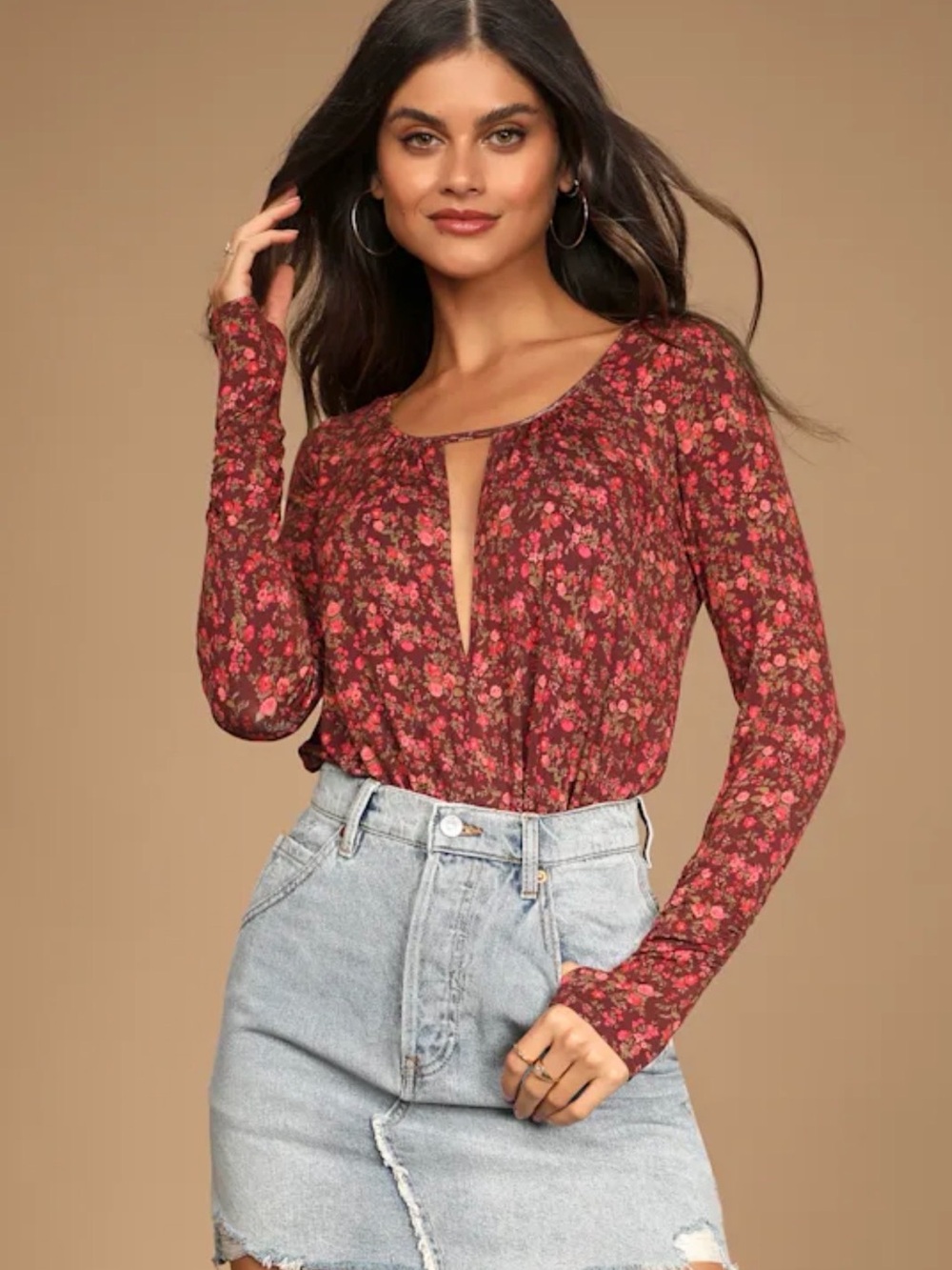 Free people women’s Kaya Brown Floral Print Long Sleeve Bodysuit size S